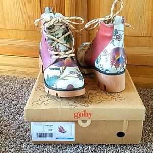 Red and floral-print chunky ankle boots